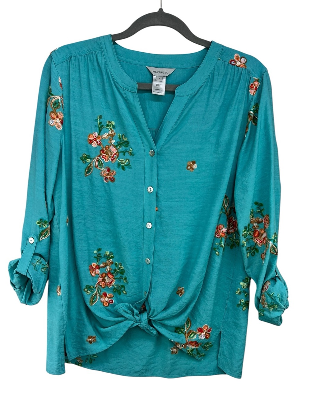 Multiples Aqua Floral Applique Button Down Roll Tab Sleeve Top Womens Small